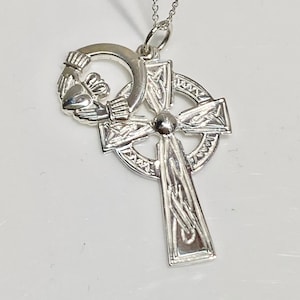 Handmade Silver Claddagh and Celtic Cross Double Pendant with Chain, Celtic Cross And Claddagh, Cross with Claddagh, cross and Claddagh set