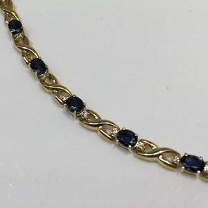 Vintage Sapphire and Diamond Tennis Bracelet Handmade in 14K Yellow Gold, Sapphire and Diamond Bracelet, Sapphire Bracelet with Diamonds