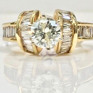 Vintage 14K Gold Handmade Engagement Ring, Diamond Engagement Ring, Antique Brilliant Cut Diamond Engagement ring with Baguette Diamonds