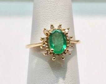 Emerald and Diamond Ring in 14K Gold, Emerald and Diamond Ring in Gold, Vintage Emerald and Diamond Ring