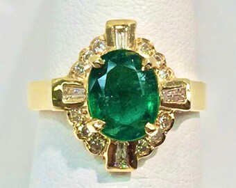 Emerald and Diamond Ring in 14K Gold, Emerald and Diamond Ring in Gold, Vintage Emerald and Diamond Ring