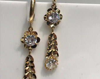 14K Yellow Gold Dangling Flower CZ Earrings, Chandelier Earrings, Hanging Earrings, Yellow Gold Dangling Earrings
