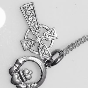 Handmade Silver Claddagh and Celtic Cross Pendant Smaller with Chain, Celtic Cross And Claddagh, Cross with Claddagh, cross and Claddagh set