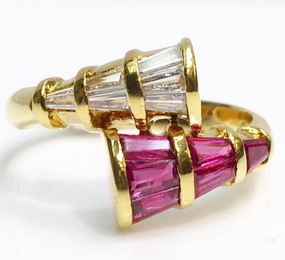 18K Gold Vintage Baguette Diamond and Baguette Ruby Ring