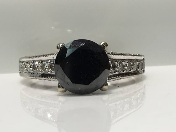Handmade Black Diamond & White Diamond Ring in 14… - image 1