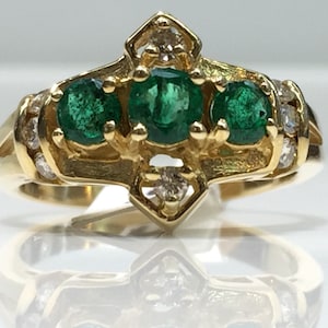 Smaragd en diamanten ring in 14K goud, smaragd en diamanten ring in goud, vintage smaragd en diamanten ring