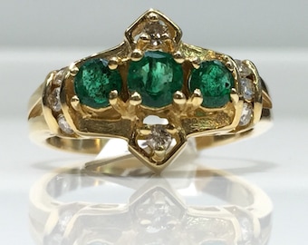 Emerald and Diamond Ring in 14K Gold, Emerald and Diamond Ring in Gold, Vintage Emerald and Diamond Ring