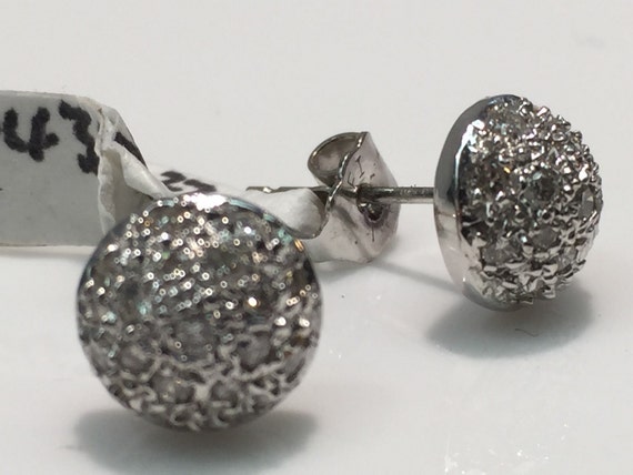 14K White Gold Half Sphere Diamond Earrings, Pave… - image 3