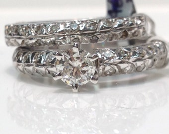 14K White Gold Handmade Vintage Diamond Bridal Set