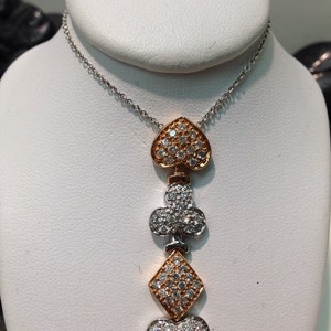 Vintage Diamond Hart, Spade, Diamond en Club Hanger, Speelkaarten Icon Ketting in 14K Wit, Geel en Rose Goud