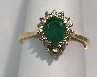 Emerald and Diamond Ring in 14K Gold, Emerald and Diamond Ring in Gold, Vintage Emerald and Diamond Ring