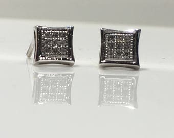 Diamond Earrings Handmade in 14K Gold, Screw Back Diamond Earrings, Square Shaped Pave Diamond Earrings, Diamond Earrings in Square