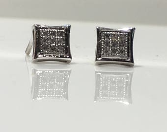 Diamond Earrings Handmade in 14K Gold, Screw Back Diamond Earrings, Square Shaped Pave Diamond Earrings, Diamond Earrings in Square