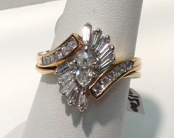 Vintage Marquise, Baguette and Brilliant Cut Diamond Engagement Ring Set in 14K Gold