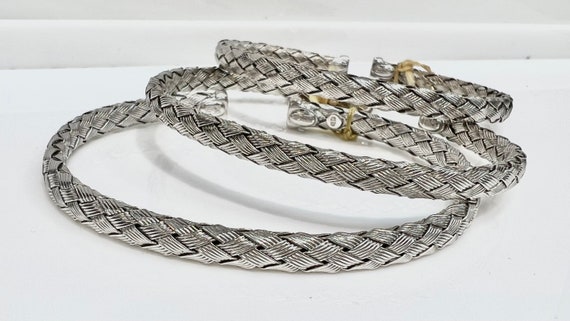 Woven Silver Bangle Flexible Slide on Style, Fancy Weave 