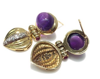 14K Yellow Gold Dangling Diamond with Precious And Semi-Precious Stone Earrings, Handmade Amethyst and Diamond Earrings