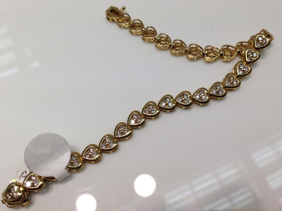 Diamond Hearts Tennis Bracelet in 14K Yellow Gold Etsy