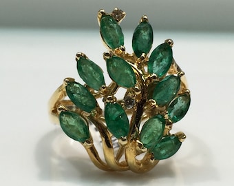 Emerald and Diamond Ring in 14K Gold, Emerald and Diamond Ring in Gold, Vintage Emerald and Diamond Ring