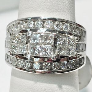 14K Weißgold Diamant Verlobungsring, Verlobungsring, Princess Cut Diamanten, Cluster Diamant Ring, Ehering, Brillant Diamanten