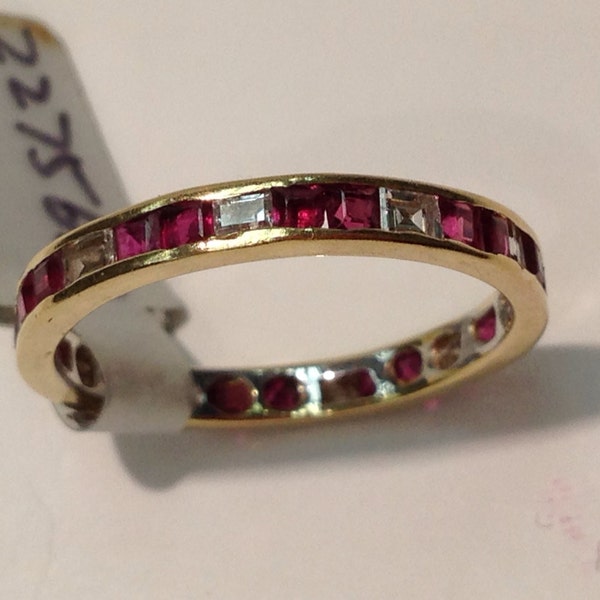 Handmade Antique Fancy Colored Diamond & Ruby Eternity Ring in 14K Yellow Gold