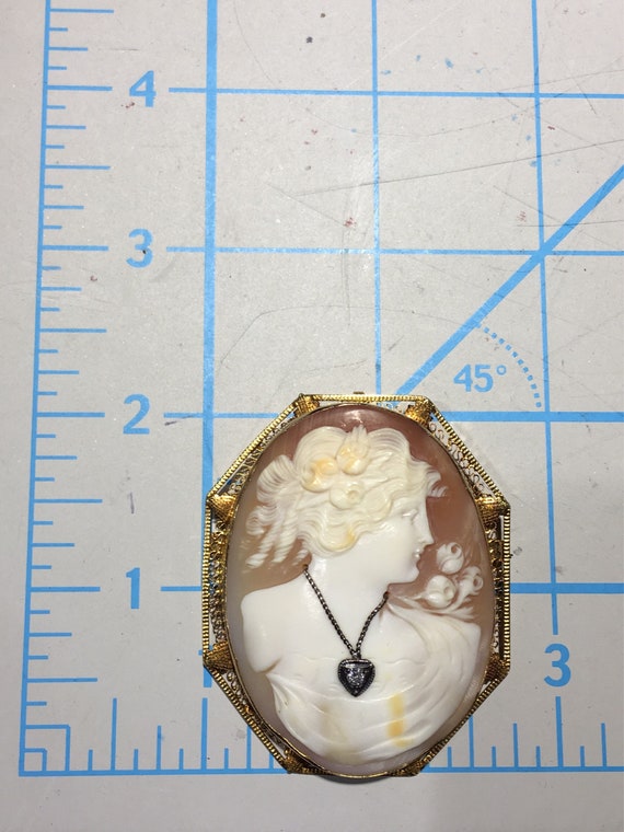 Vintage Diamond and Hand Carved Cameo Brooch in 14