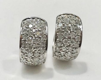 Diamond and 14K White Gold Huggy Style Hoop Earrings, Diamond Huggies, Diamond Hoops, Pavé Set Diamond Huggies, Pavé Set Diamond Earrings