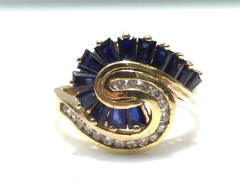 Sapphire and Diamond Ring in 14K Gold, Sapphire Swirl Ring, Sapphire and Diamond Swirl Ring, Sapphire with Diamonds