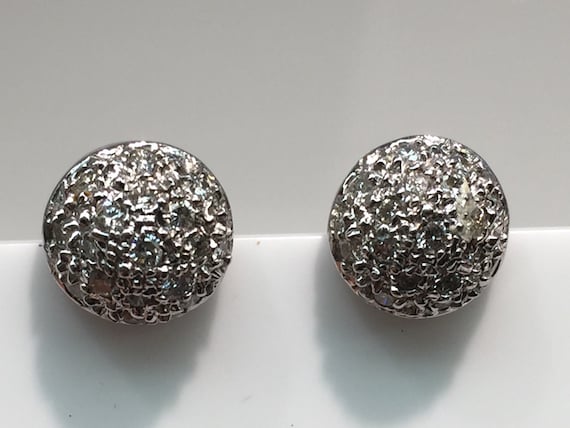 14K White Gold Half Sphere Diamond Earrings, Pave… - image 4
