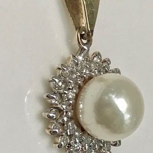 Diamond and Pearl Pendant in 14K Yellow Gold, Pearl Pendant, Pearl with Diamonds, Pearl and Diamond Pendant image 2