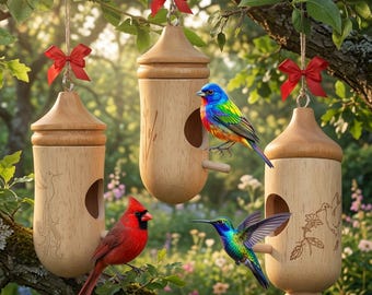 Casinhas de madeira pequenas para beija-flores, local natural para nidificação de pássaros, decoração de jardim (pacote com 3)