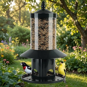 May include: A cylindrical bird feeder with a glossy black roof and base, featuring a clear central reservoir filled with mixed birdseed. A rose-breasted grosbeak and a yellow goldfinch are perched on the circular feeding tray at the bottom.