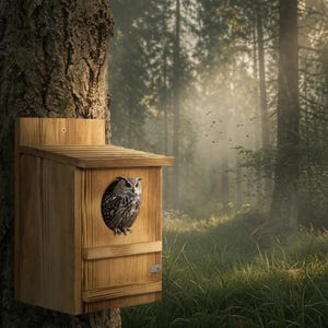 Może przedstawiać: Jasnobrązowy drewniany domek dla sowy ze spadzistym dachem i okrągłym otworem wejściowym. Mała szaro-biała sowa z pomarańczowymi oczami siedzi wewnątrz otworu. Konstrukcja jest przymocowana do pnia drzewa za pomocą widocznych metalowych śrub.