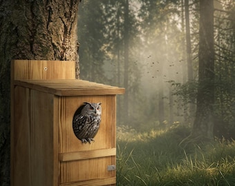 Handmade Wooden Screech Owl Nesting Box – Outdoor Bird House Ventilation Mounting Hardware & Wood Shavings