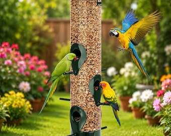 May include: A cylindrical bird feeder with a dark green top and base, filled with mixed birdseed. The feeder features multiple feeding ports with perches. Three colorful parrots are positioned around the feeder, with one flying and two perched.