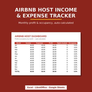 May include: An Airbnb Host Income & Expense Tracker spreadsheet template on a dark red background. The dashboard features columns for month, income, expenses, profit, nights booked, and occupancy, with rows for each month and a total row.