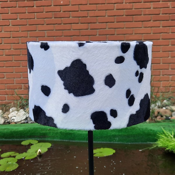 30 cm Width Black & White Cow Hide Animal Print Faux Fur Drum lampshade and Ceiling Pendant Various Heights Available