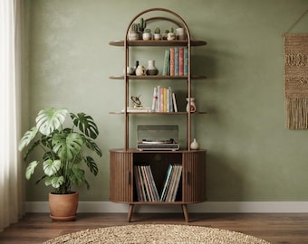 Walnut Vinyl Record Player Stand, 4 Tier Arched Bookshelf with Sliding Doors, Mid Century Modern Cabinet, Fluted Media Shelf Living Room