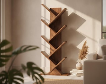 10 Tier Tree Bookshelf, Tall Narrow Wooden Book Stand, Floor Standing Book Storage Organizer, Small Space Bookshelf for Living Room Office