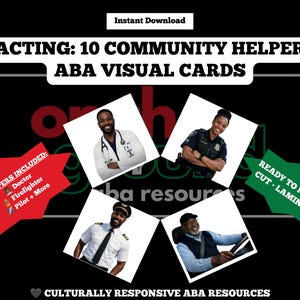 Puede incluir: Un conjunto de tarjetas visuales TACTING: 10 COMMUNITY HELPERS ABA con cuatro imágenes cuadradas de profesionales, incluyendo un médico, un oficial de policía, un piloto y un conductor. Incluye cuadros de texto en forma de estrella.