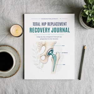 May include: A white journal titled Total Hip Replacement Recovery Journal with a subtitle A day-by-day companion from pre-op preparation to full recovery. The cover features a medical illustration of a pelvis, hip prosthesis, and femur.