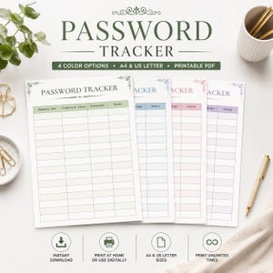 Op de afbeelding: Een printbaar wachtwoordtracker-document met vier kleuropties in groen, blauw, roze en paars. Elk blad bevat kolommen voor website of app, gebruikersnaam of e-mail, wachtwoord en notities. De tekst luidt PASSWORD TRACKER.