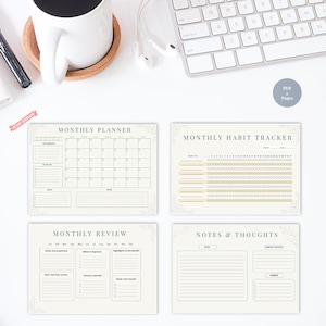 Peut inclure: Quatre feuilles de planification rectangulaires avec un fond crème et du texte vert foncé. Les feuilles sont intitulées Monthly Planner, Monthly Habit Tracker, Monthly Review et Notes & Thoughts, avec des grilles, des listes et des sections lignées.