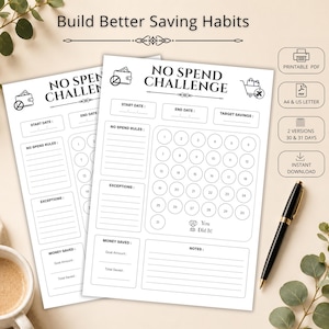 No Spend Challenge Printable PDF, Budget Savings Tracker, Money Saving Planner, 30 Day and 31 Day, A4 US Letter, Instant Download