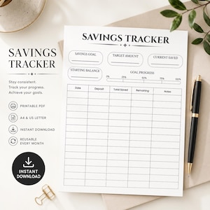 Może przedstawiać: Szablon trackera oszczędności na białym papierze z czarnym tekstem i liniami. Nagłówek brzmi SAVINGS TRACKER. Zawiera pola na cel oszczędnościowy, kwotę docelową, aktualnie zaoszczędzone środki, saldo początkowe, pasek postępu oraz tabelę na datę, wpłatę, sumę oszczędności, pozostałą kwotę i notatki.