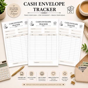 Peut inclure: Trois feuilles de suivi de budget en enveloppes en papier blanc avec du texte et des lignes noirs. Chaque feuille comporte des champs pour le nom de l'enveloppe, le mois, le budget, le solde initial et un tableau pour la date, la description, le montant et le solde, se terminant par une ligne de solde final.