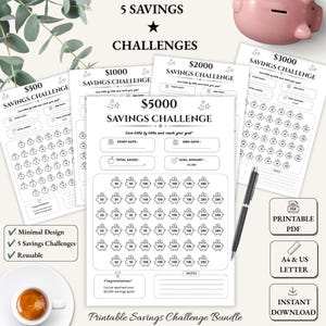 Printable Savings Challenge Bundle | 5 Money Saving Challenge Trackers | PDF | A4 & US Letter | Instant Download