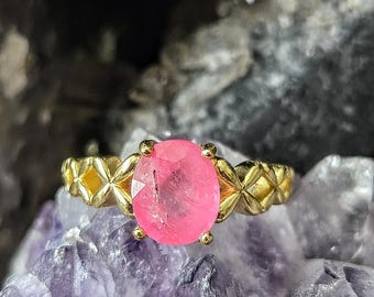 Echte roze saffierring gezet in 18k verguld 925 sterlingzilver, maat 5