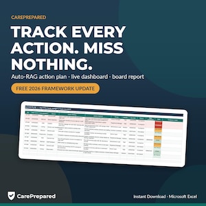Può includere: Una grafica digitale per CarePrepared con il testo TRACK EVERY ACTION. MISS NOTHING. Auto-RAG action plan, live dashboard, board report e FREE 2026 FRAMEWORK UPDATE. Sotto è presente una tabella di piano d'azione Microsoft Excel.