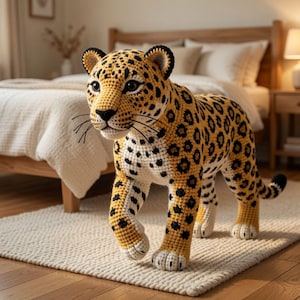 May include: A handcrafted crochet leopard figurine featuring a golden yellow body with black spots, a white underbelly, and detailed facial features including black eyes, a black nose, and long black whiskers, standing in a four-legged pose.