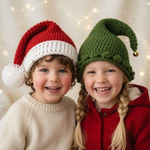 May include: A red and white crocheted hat with a white pom-pom and a green crocheted hat with a small gold bell at the tip. The red hat features a white brim, while the green hat has a textured band and a pointed, drooping top section.